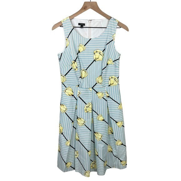 Talbots Womens Blue White Striped Yellow Rose Sleeveless Fit And Flare Dress 2 - Picture 2 of 6